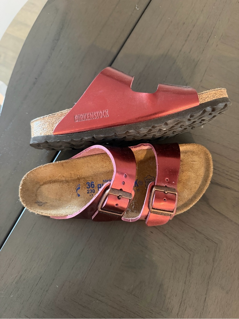Birkenstock Women’s Metallic Burgundy Arizona Two-Strap Sandals